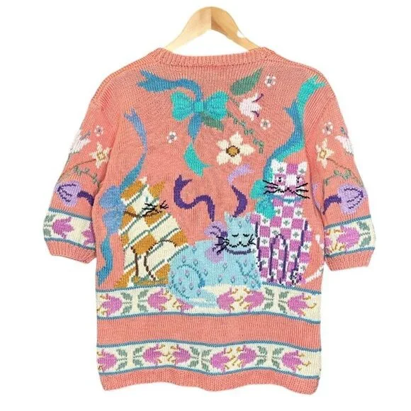 Berek 1989 Hand-Knit Cat Sweater Cardigan + Vintage Cat Brooch 100% Pima Cotton - Picture 4 of 8